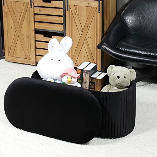 Pinplus Round Velvet Ottoman With Storage, Black Ottoman For Living Room, Storage Ottoman Bench, Large Foot Rest Stool Toy Chest For Bedroom, 31.5" X 15.7" X 15.7" #TOP1