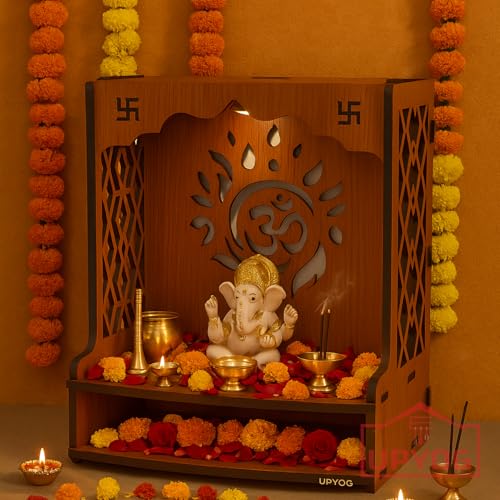 Image of UPYOG Wooden Pooja Stand for Home | Wall Mounted Temple Mandir with LED Spot Light | Compact Puja Mandir for Home & Office (15.5 x 11.5 x 11 Inch)