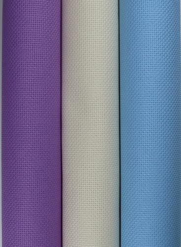 Image of KCS 3 pc of 15 inch x 18 inch(38cmx45cm) Counted Cross Stitch Cotton Aida Cloth Needlework Rolled Fabric Box,16CT,Cream+Light Blue+Lavender