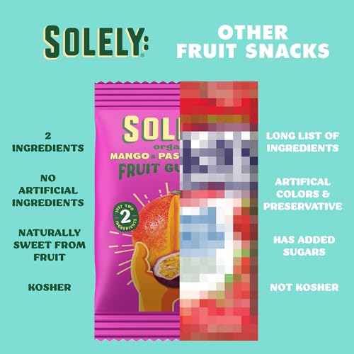 Image of SOLELY - Organic Mango & Passion Fruit Whole Fruit Gummies (Pack of 6 Boxes, 5 Bags per Box) - School Snacks - Healthy Snacks for Adults & Kids - Non GMO, Vegan Snacks, Shelf Stable - 30 Bags (3.5 oz)