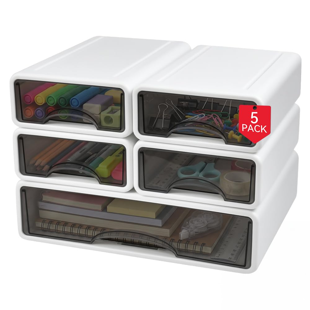 5 Set di Organizer da Scrivania, 25x17x7,5cm/34x25x9cm Scatole Impilabili per Cassetti da Scrivania Organizer Cassetti Salvaspazio Cassettiera Plastica Scrivania Contenitore per Casa, ufficio