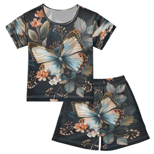 senya Short Sleeve Pajamas Sets Summer Cotton Sleepwear Colored Butterfly Surrounded Leaves