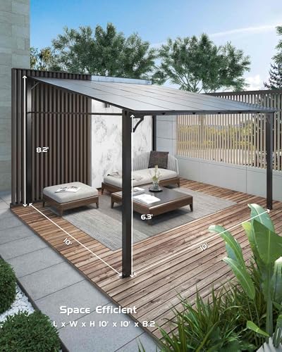 10'x 10' Lean to Gazebo, Hardtop Wall Pergola with Polycarbonate Roof, Aluminum Frame Slant Mounted Gazebo for Lawn Patio Deck Yard and Party