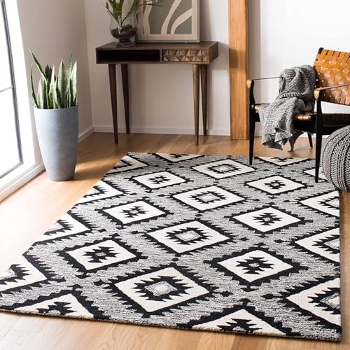 Image of Modern Pattern Wool Carpet with Loop Texture Yarn Anti Shedding Carpet Size 8x11 Feet B6 Black & Multi Color