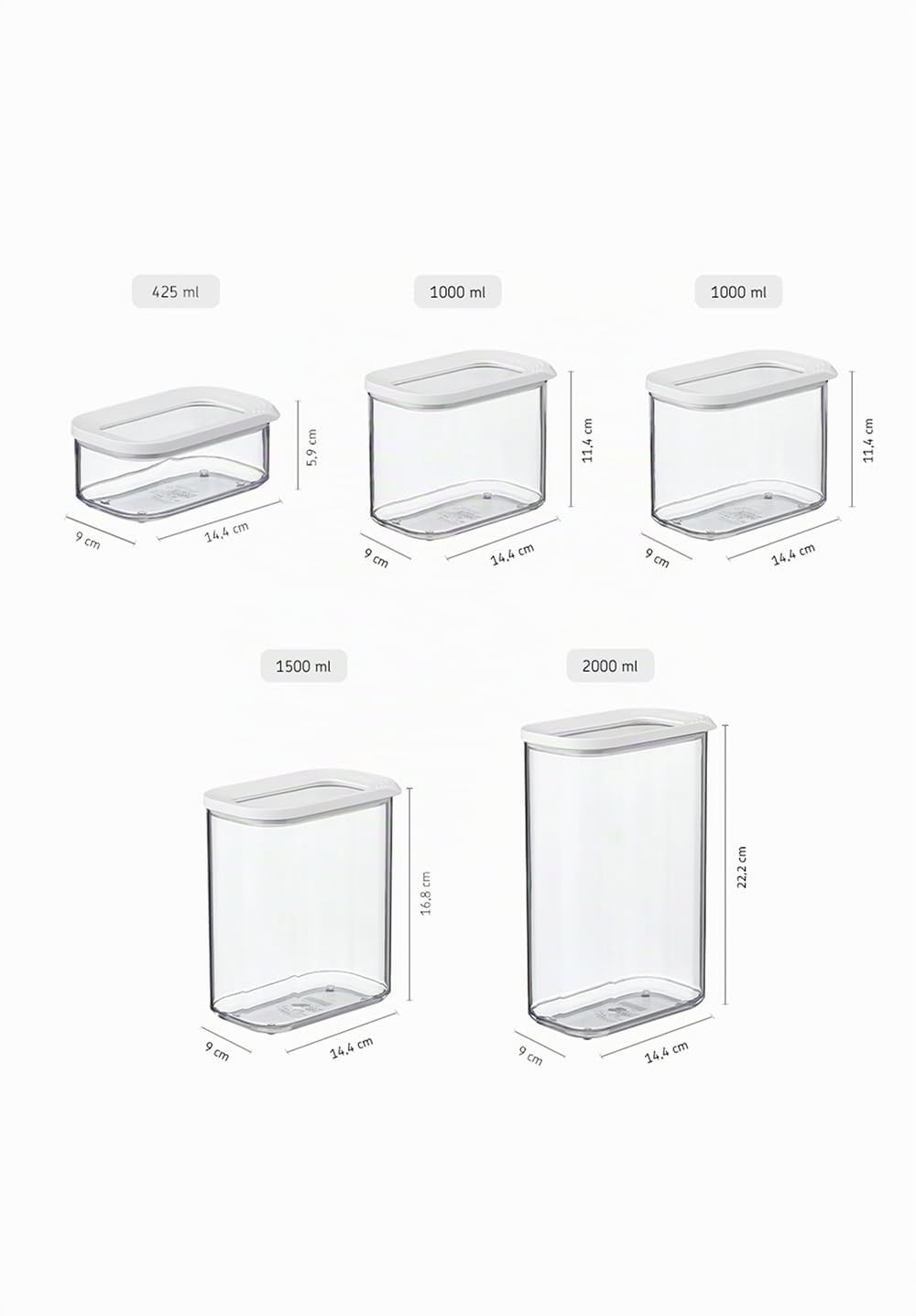 Mepal - Recipientes para Alimentos Modula Juego de 5 Piezas - Tapers para Comida con Tapa - Organizadores de Cocina y Cajas Herméticos - 1x 2000 ml, 1x 1500 ml, 2x 1000 ml y 1x 425 ml - White