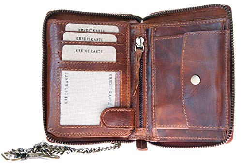 FLW RFID Large Men's Biker's Metal Zip-around Genuine Leather Wallet with Metal Chain to Hang3