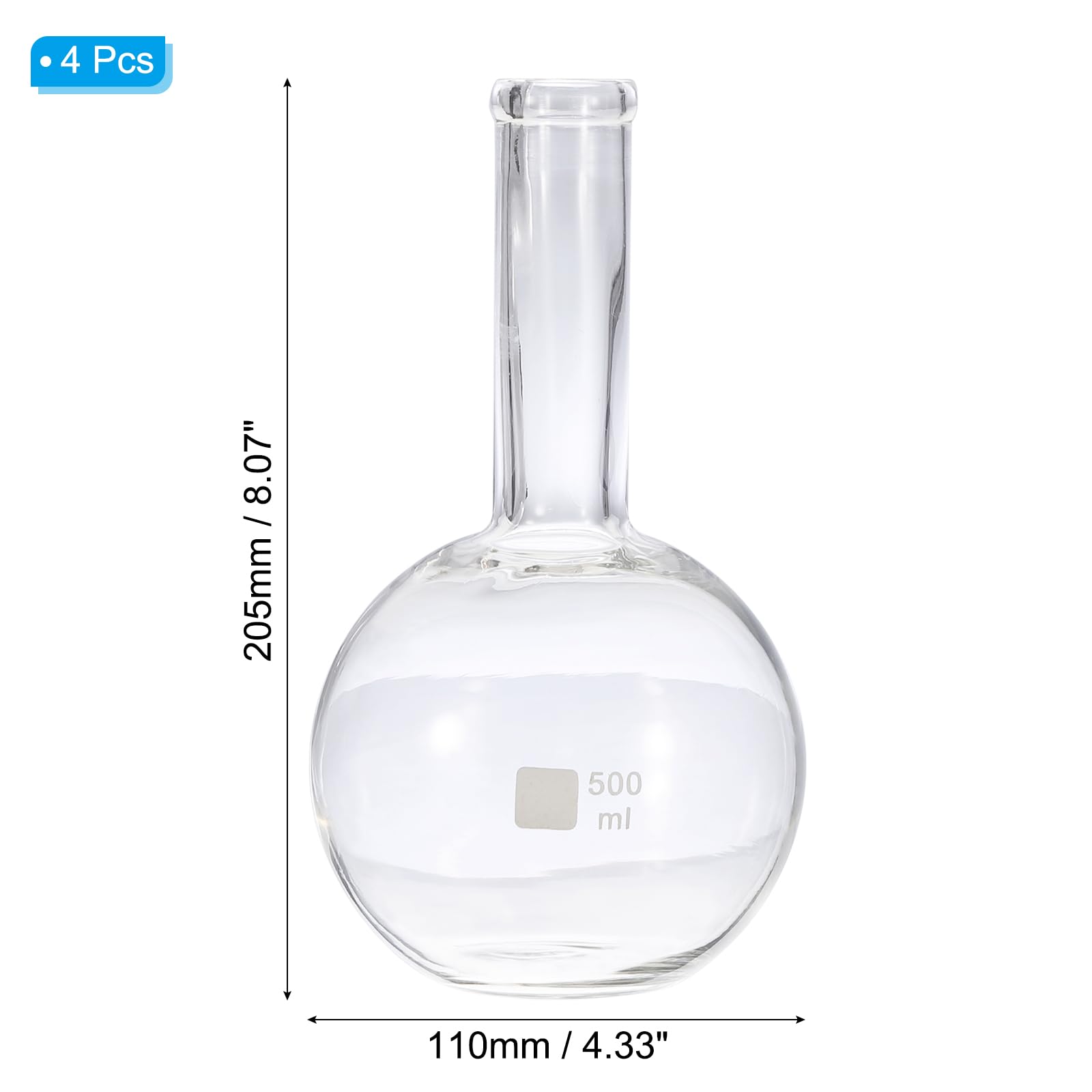 PATIKIL Pallone Da Laboratorio Da 500ml, 4Pz 3.3 Borosilicato Vetro Collo Singolo Fondo Piatto Parete Spessa Con Giunto Esterno Standard 24/40 Per Laboratorio, Trasparente