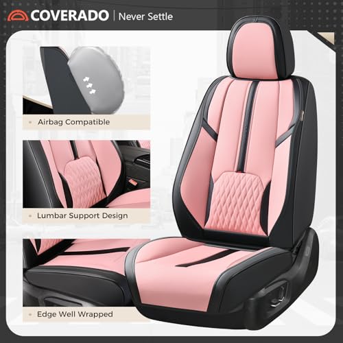 Image of Coverado Leather Seat Cover Full Set, Waterproof Car Seat Covers with Lumbar Support, Front and Rear Seat Covers for Car, Universal Car Seat Protectors Car Seat Cushion Fit for Most Cars (Black&Pink)