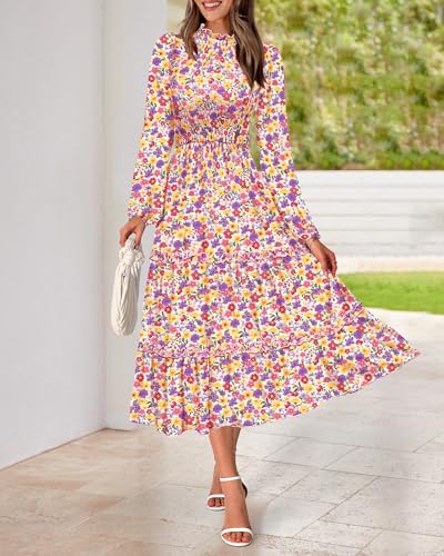 Image of NOLLSOM Women 2026 Spring Dress Floral Boho Dress Casual Long Sleeve Crew Neck Ruffle A-Line Flowy Wedding Guest Maxi Dresses