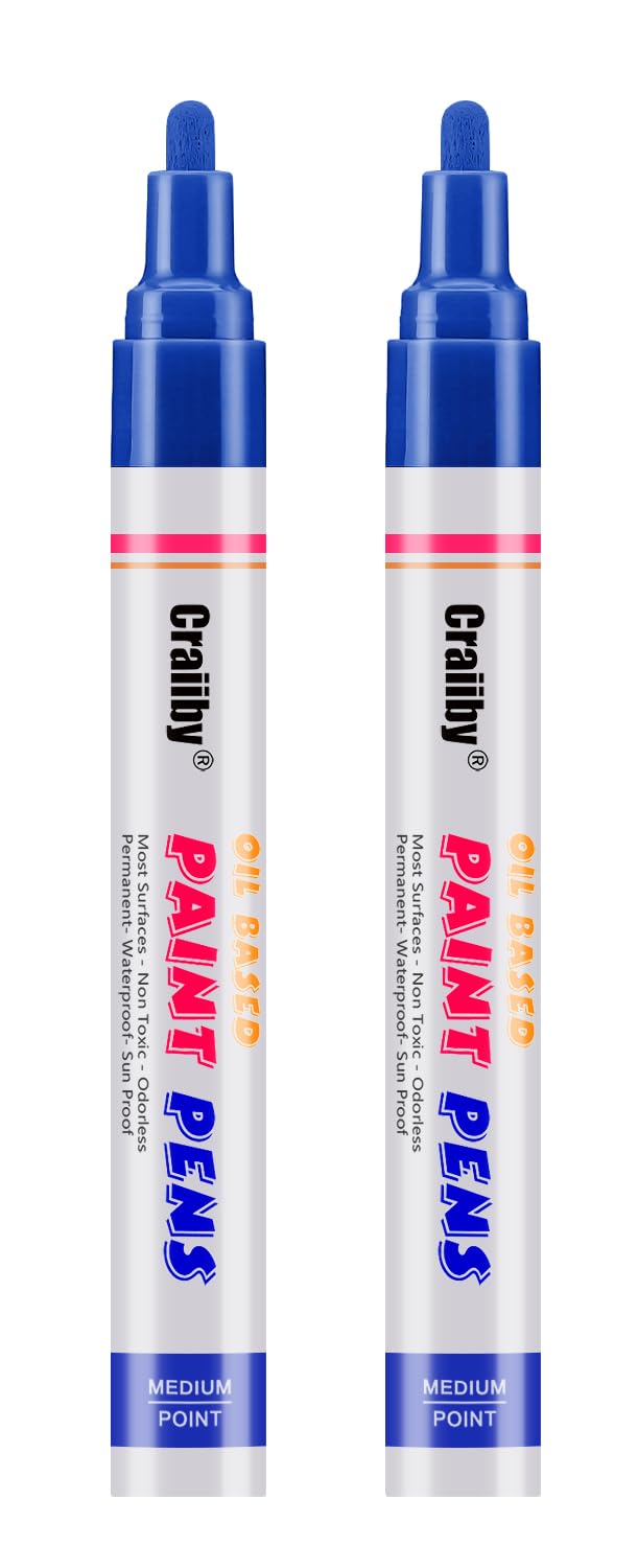 Blue Paint Markers, 2 Pack Oil-Based Waterproof Quick Dry Permanent Paint Pen Set for Rocks Painting, Wood, Fabric, Plastic, Canvas, Glass, Mugs, Metal, Tire, Stone, DIY Craft