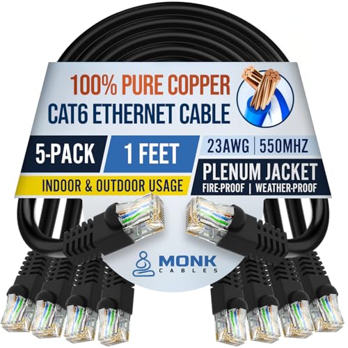 MONK CABLES | CAT6 Ethernet Cable | 100% Pure Copper | Pack of 5 | Plenum Rated | UTP, 23AWG, 550MHz | DSX-8000 Certified | Most Certified Cable of The Whole Market (Black, 1ft)
