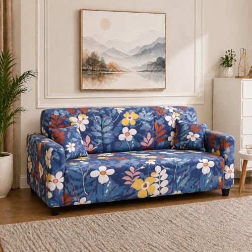 Image of Universal 3 Seater Sofa Cover Fully Covered Stretchable Spandex Non-Slip Elastic Slipcover | Soft Washable Fabric Sofa Protector for Living Room Furniture (Blue Floral)