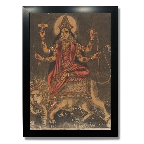 Image of Kagaz Kala - Vintage Art Prints - Hindu God Photos with Frames For Pooja Room Bedroom Living Room Decor Gifts Framed (Goddess Jagadhatri)