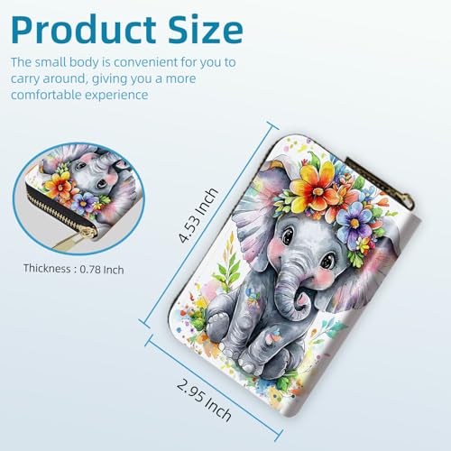 Small Credit Card Case Wallet for Women, RFID Blocking Mini Slim Leather Card Holder Wallet, Purple Baby Elephant, Pocket Business Card Case with Zipper Card Holder3