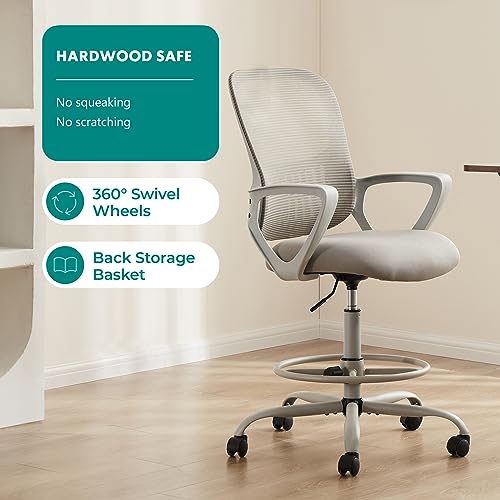 Image of DUMOS Ergonomic Drafting Chair, Tall Office for Standing Desk, Counter with Height Adjustable and Comfortable Lumbar Support, Fixed Armrests, for Bedroom Livingroom, Dove Gray