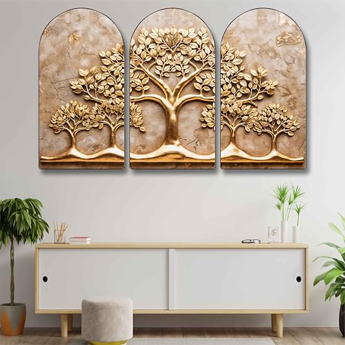 Image of Livin'luxe Golden Tree of Life Wall Painting - 3 Panel Modern Art Luxury Nature-Inspired Wall Decor for Living Room, Bedroom, Office & Meditation Spaces 30 x 50 Inch