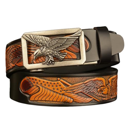Men's Ratchet Dress Belt With Silver Eagle 3D Automatic Click Buckle - Embossed Replaceable Strap