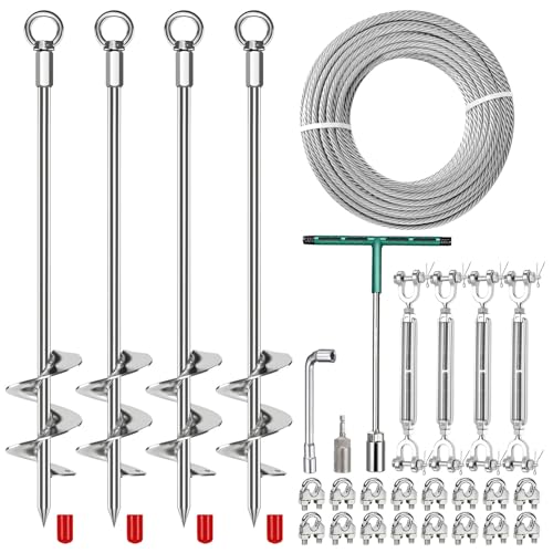4Pcs 30 Ground Anchors Shed Anchors Kit with 3/16 75FT Galvanized Cable & 304 SS Turnbuckles Heavy Duty 12mm Solid Steel Earth Anchors 3 Spiral Blade Fully Welded for Sheds Mobile Home Carports