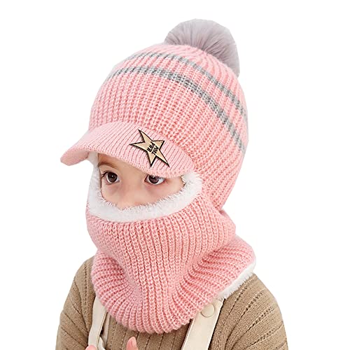 Kids Boys Girls Winter Hat Scarf Set Warm Knitted Hood Scarf Beanie Hat Pink