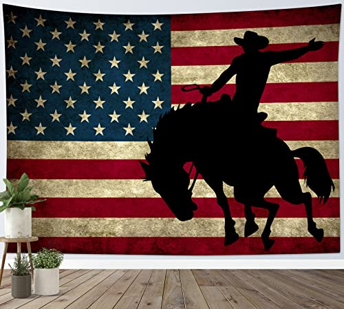 Tapisserie western cowboy vintage avec cavalier sur cheval noir et drapeau USA rétro