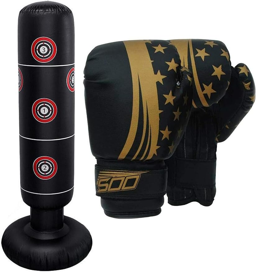 Inflatable Punch Bag for Kids & adult, 160cm Inflatable Heavy Boxing Bag Gloves, Free-standing Target Stand Tumbler, Tumbler Bag for Relieving Pressure Body Building (Black/Gold)