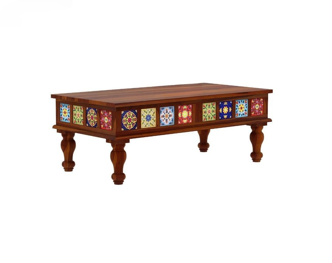 TreeWalley Sheesham Wood Rectangle Center Coffee Table for Living Room | Centre Table for Drawing Room, Office & Home | Multicolor Tiles Design| Honey Finish