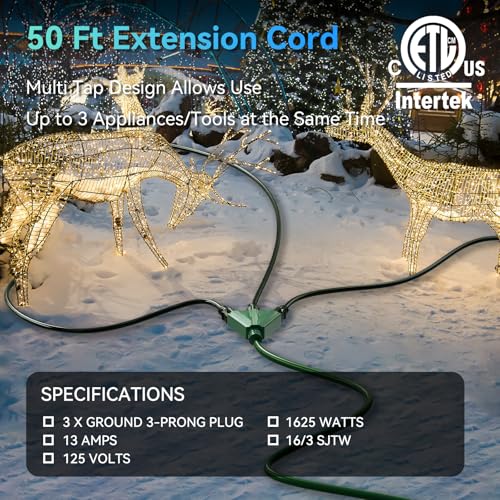K KASONIC - 50 Ft Extension Cord with 3 Outlets, UL Listed 16/3 SJTW 3-Wire Grounded, 13A 125V 1625W for Indoor/Outdoor Use - Green image 2
