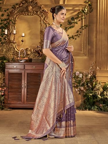 Image of Mehrang Women's Banarasi Silk Kanjivaram Saree For Wedding With Pure Zari Work, Woven Design, With Unstitched Blouse Piece