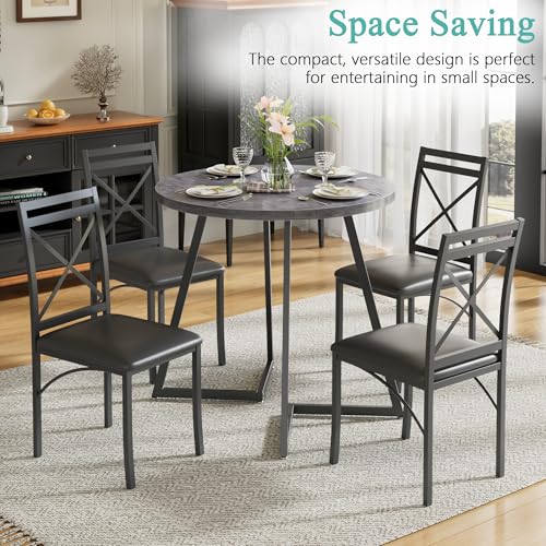Image of VECELO 35 inch Round Dining Table for 4, Wood-Grain Tabletop & Heavy-Duty Steel Frame, for Kitchen, Living Room, Easy Assembly, Light Grey