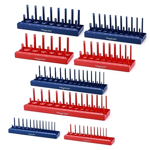 Image of Mayouko 8PCS 1 /4 inch, 3 /8 inch, 1 /2 inchDrive SAE & Metric ABS Socket Oganizer Set, Total 176 Posts, Deep & Shallow Socket Storage for Toolboxes, Socket Holder Tray for Drawer