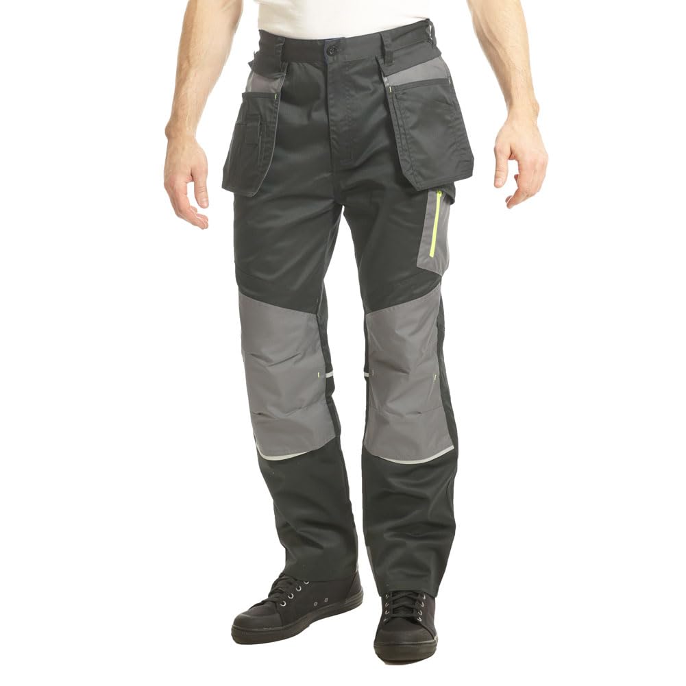Goodyear GYPNT047 Men's Workwear Multi Flex Knee Pad Tapered Detachable Holster Pocket Work Trousers Utility Pants, Black/Grey, 32W / 31L