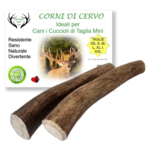 ARTISAN GIFT CO Corno di Cervo per Cani, Osso per cani da Masticare 100% Naturale, peso minimo Confezione 70gr. (XS - 2 pz.)
