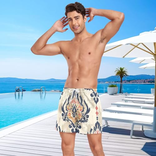 Mens Swim Trunks with Liner, Vintage Ikat Pattern Cool Quick Dry Beach Swim Shorts, Swimwear Bathing Suits S4