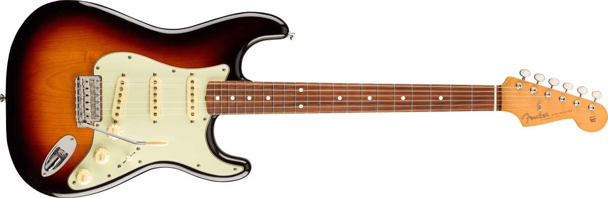 Imagem frontal completa da Fender Vintera 60s Stratocaster, acabamento Sunburst de três cores, corpo em madeira, escala de pau-ferro, captadores single-coil