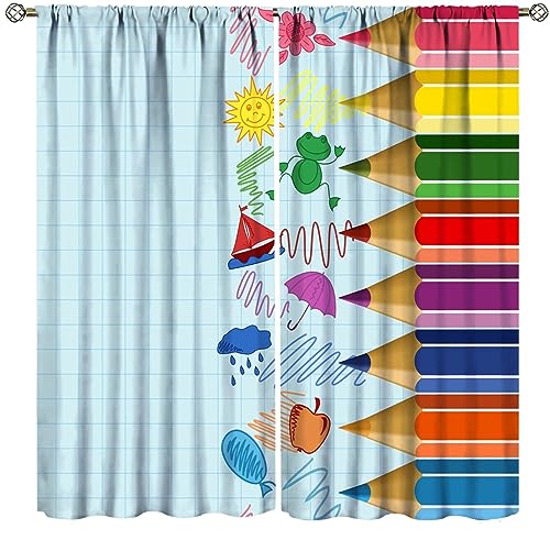 Kids Cartoon Pencil Curtains Colorful Cute Crayon Funny Art Printed Blackout Rod Pocket Curtains for Nursery Bedroom Living Room Decor Thermal Insulated Window Drapes 2 Panel Set 42x63in