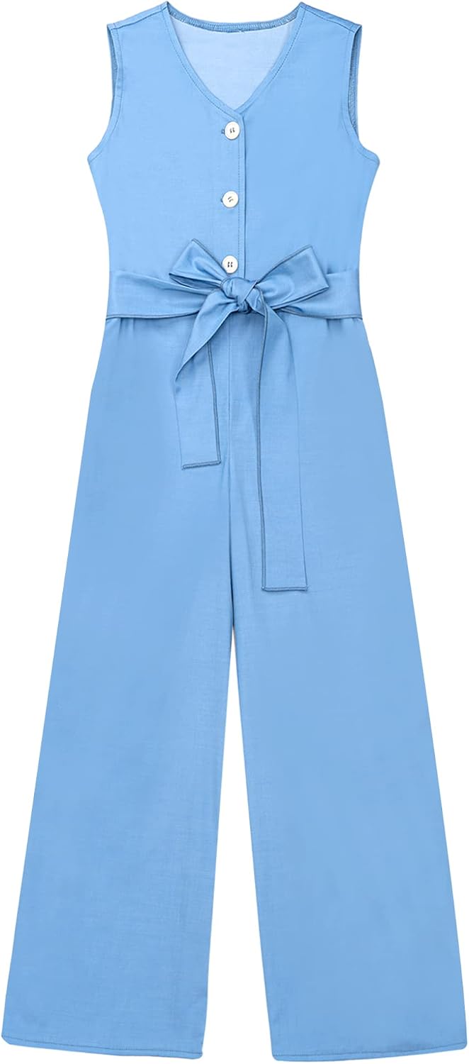 Girls Kids One Piece Coverall High Waist Dungarees Overalls V Neckline Denim Jumpsuit Summer Playsuit