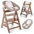 Hauck Alpha Plus Newborn High Chair Set with Bouncer, Wooden Baby High Chair, Can Be Used From Birth, Grows with Your Child, with Seat Cover and Newborn Attachment, Walnut Beige