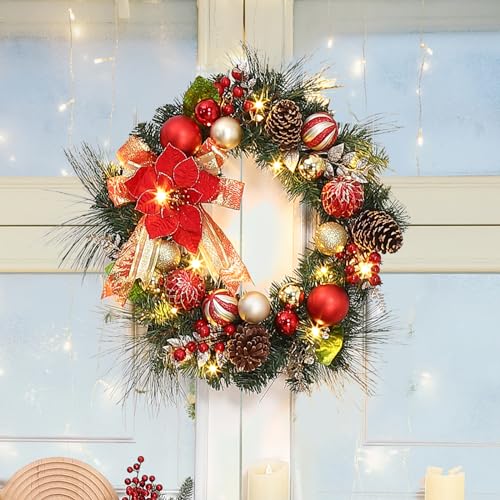 24 Inch Christmas Wreath for Front Door, Prelit Outdoor Christmas Wreath with 20 LED Lights Timer Red Gold Ball Ornaments Pine Cones and Bow for Fireplace Home Holiday Decor