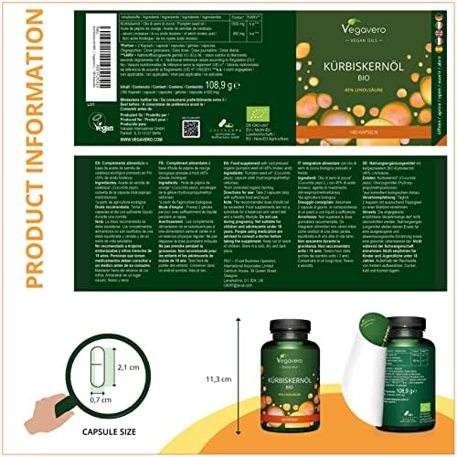 Organic Pumpkin Seed Oil 1000mg Vegavero® | 180 Vegan Capsules | Cold-Pressed with 45% Omega Fatty Acids | NO Gelatin - NO Additives | Supports Prostate & Urinary Health