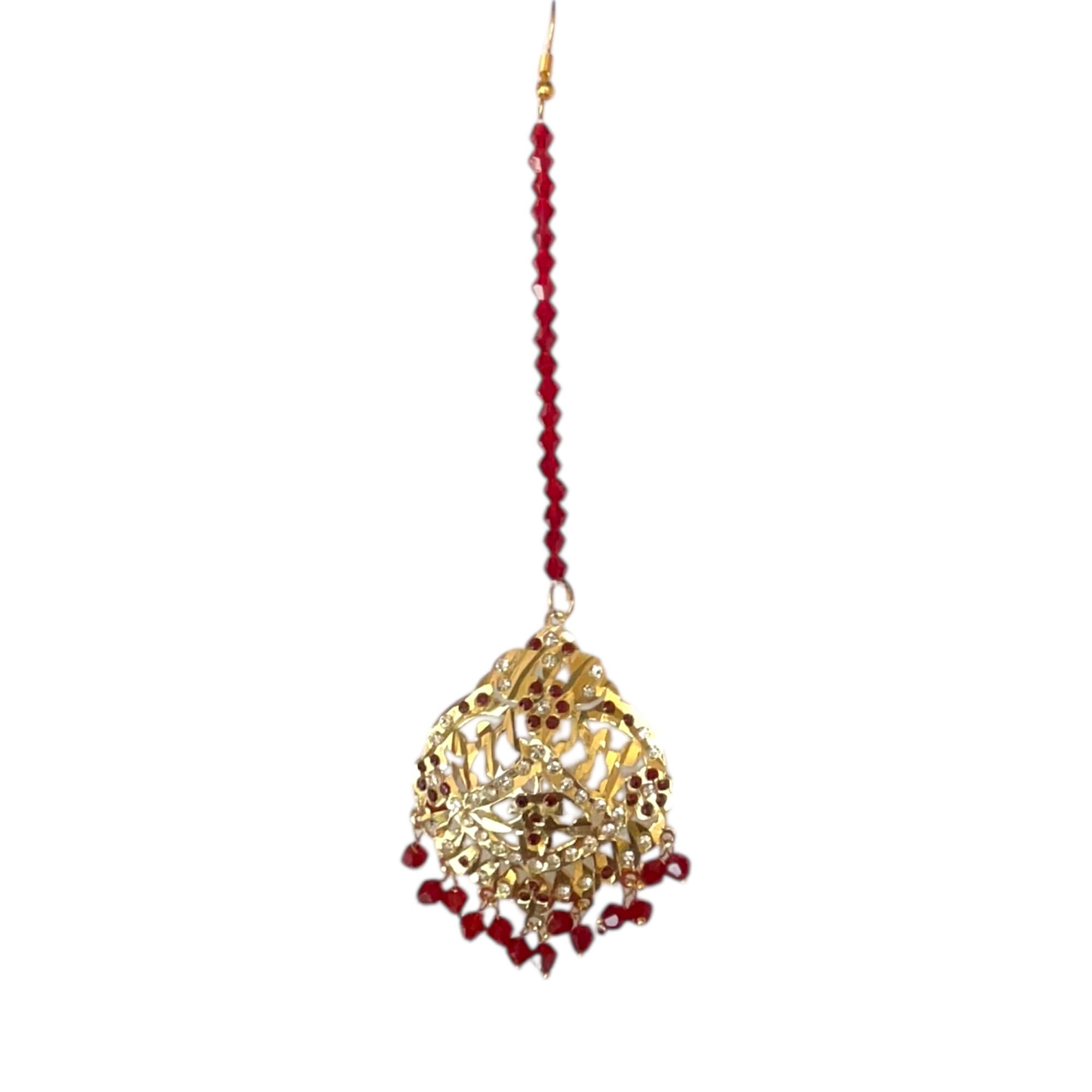 Traditional Wedding Maang Tikka Hair Accessory, Gold-Toned with Maroon Crystals | Jadau Maang Tikka for Women-image-36