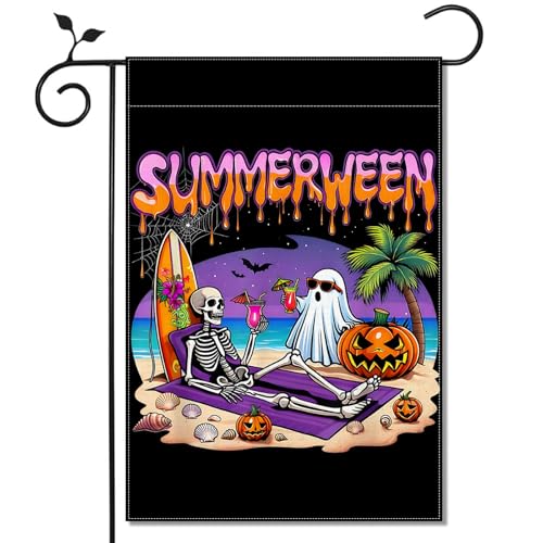 Heyfary Summerween Garden Flag Spooky Skeleton Ghost Beach Party Decoration Halloween in Summer Lawn Yard Patio Front Outdoor Decor