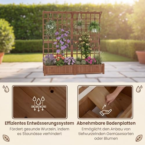 GOPLUS Pflanzkasten mit Rankgitter, Blumenkasten mit Spalier, Dachregal & Ablauflöchern, Hochbeet Holz mit Sichtschutz, Rankhilfe für Kletterpflanzen, Gartenbeet Pflanzkübel für Garten & Hof, Braun