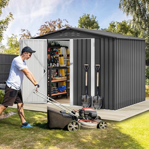 Image of DWVO 7'x5' Large Metal Outdoor Storage Shed, Heavy Duty Tool Storage Sheds for Backyard Patio Lawn - Ideal for Bicycles, Garden Tools, and Lawn Equipment, Easy-to-Assemble, Dark Gray