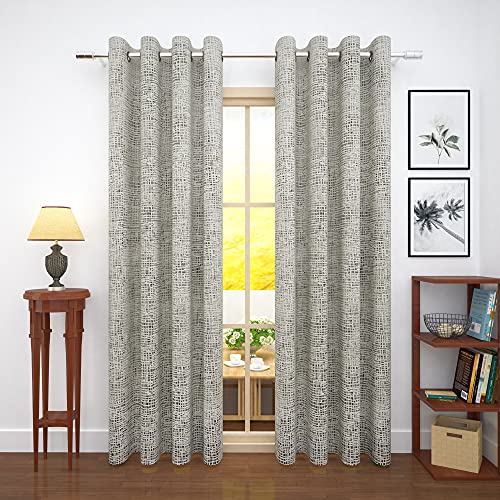Image of Story@Home Bloom Collection Jacquard Checks Pattern Ring Top Eyelet Door Curtain - (7 Feet, Light Grey) - 2 Piece