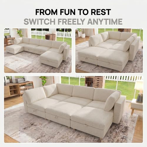 Image of 99 inch Modular Sectional Sleeper Sofa, 6 Seaters Chenille Modular Sectional Sofas, Sleeper Sofa Bed with Storage & Ottoman, Sleeper Couch with Removable Covers, Beige Sectional Couches for Living Room