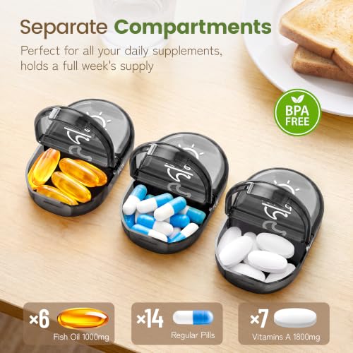 Image of Serfeymi Weekly Travel Pill Organizer 2 Times a Day AM PM Black Pill Box