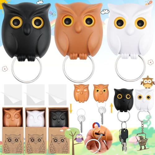 Exbrith 3 Piezas Magnético Soporte Llaves Colgadores Adhesivos, Gancho para Llaves de Búho, Diseño de Ojos Abiertos y Cerrados, para Colgar Llaves Puerta de Oficina en Casa, Hogar Decoración Regalos