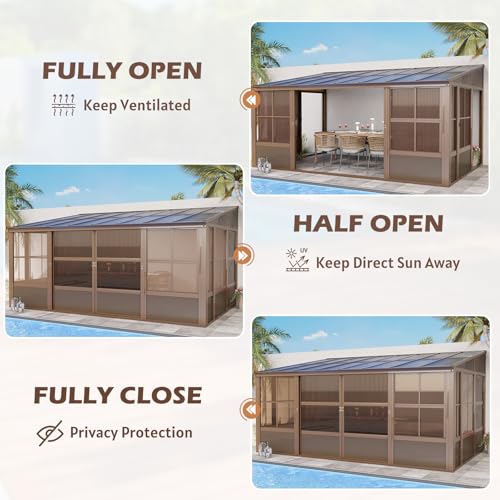 EROMMY 10' x 16' Sunroom, Wall Mounted Gazebo Solarium with Drainage Trough, Polycarbonate Roof, Lean to pergola for Garden, Permanent Sun Room with Lockable Sliding Doors, Brown - Image 9