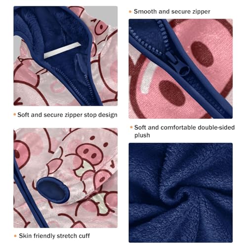 Cute Pink Pig Pattern Print Toddler Fleece Jacket Girl Boys Hooded Fleece Jacket Coat Warm Outwear Zip-up 3-10T3