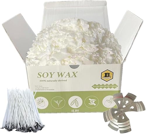 Cera de soja 5 libras de copos de cera de soja natural 100 mechas de algodón de 6 pulgadas, 3 dispositivos de centrado de metal, 5 libras de cera